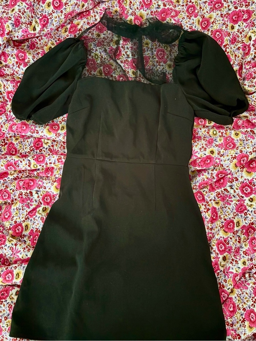 Forever 21 Black Puff-Sleeve Tie Mini Dress with Sheer Mesh Polka Dot Yoke
